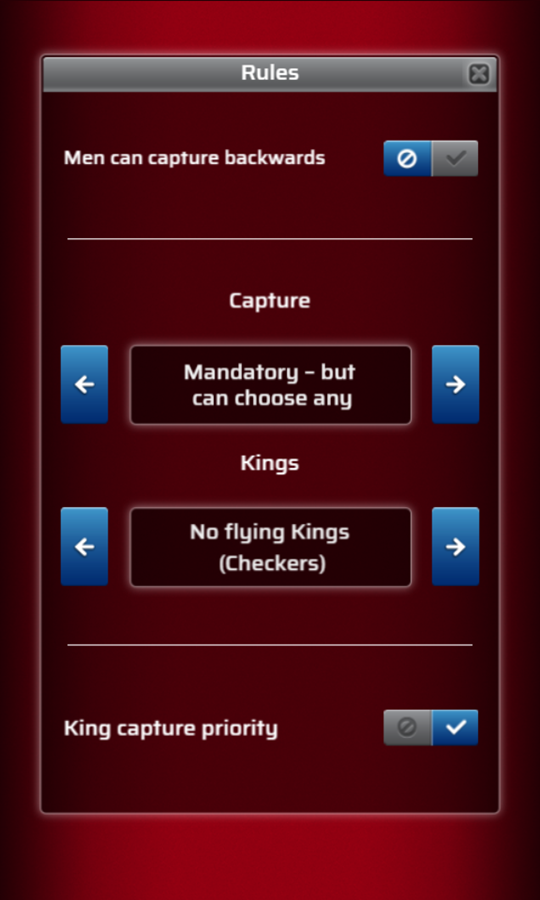 Checkers Legend Game Rules Settings Screenshot.