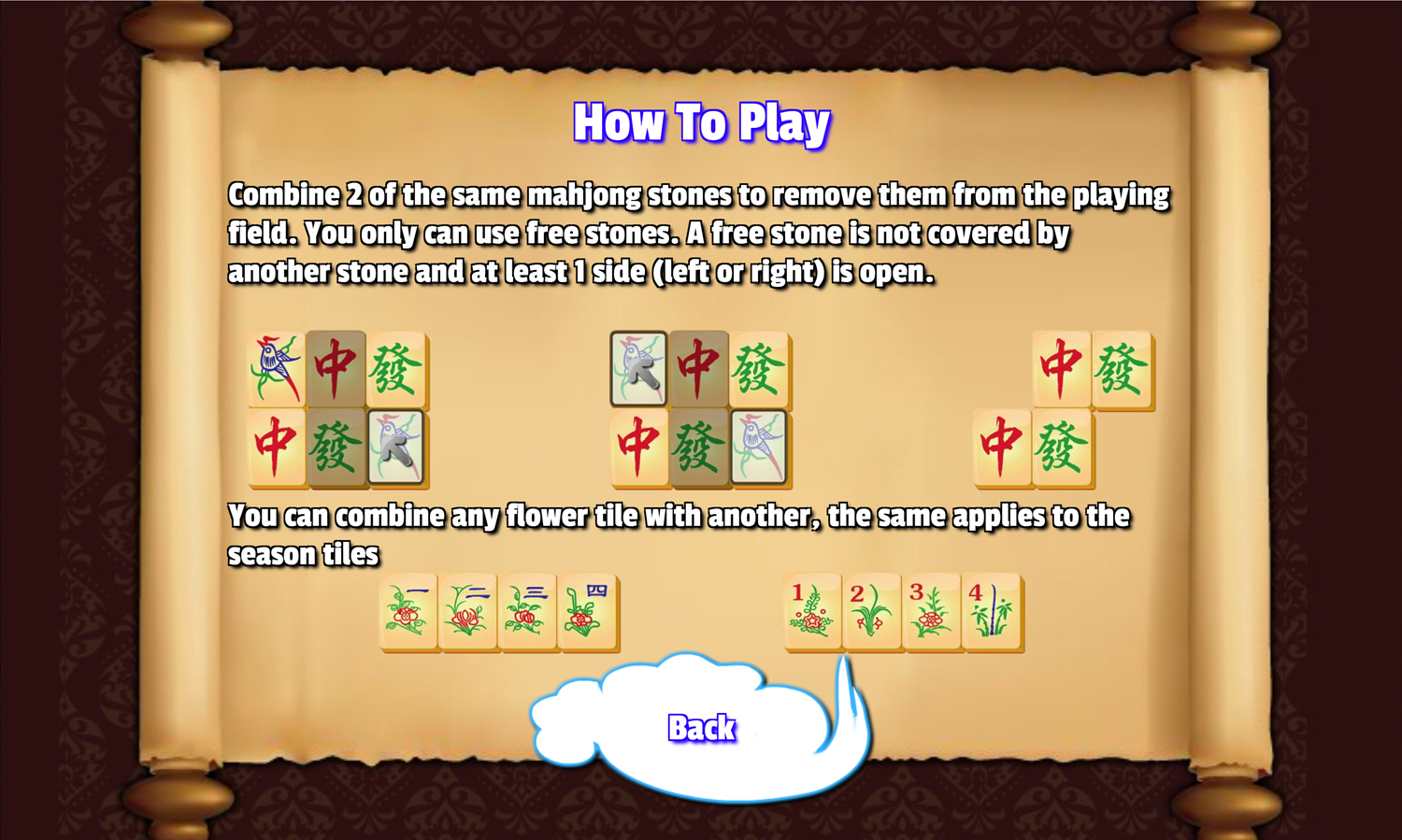 China Mahjong Game Help Screen Screenshot.