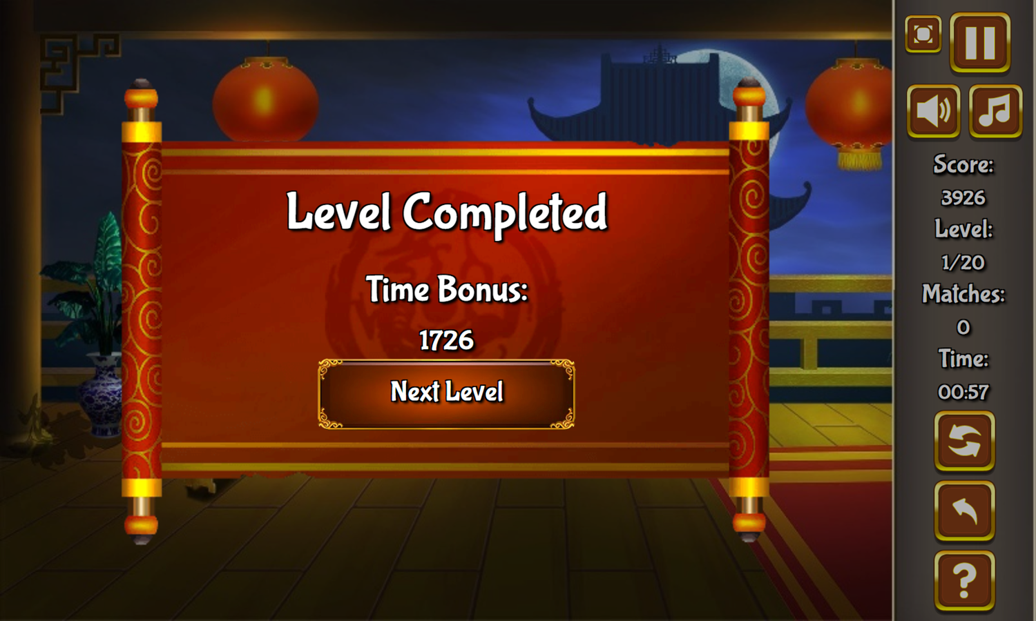 China Temple Mahjong Game Level Completed Screenshot.