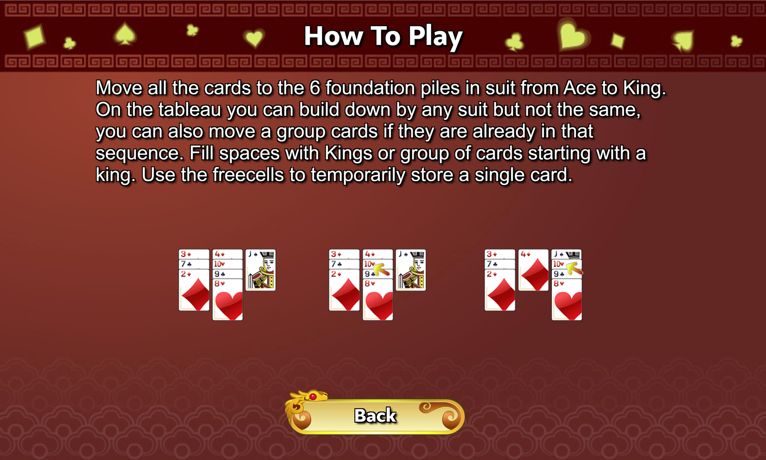 Chinese Freecell Game How to Play Screen Screenshot.