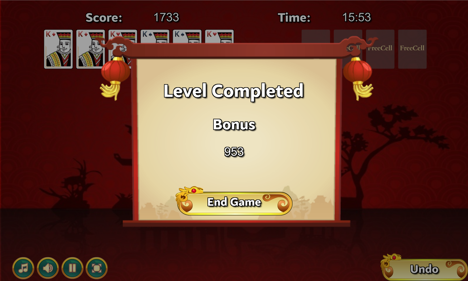 Chinese Freecell Game Level Completed Screen Screenshot.