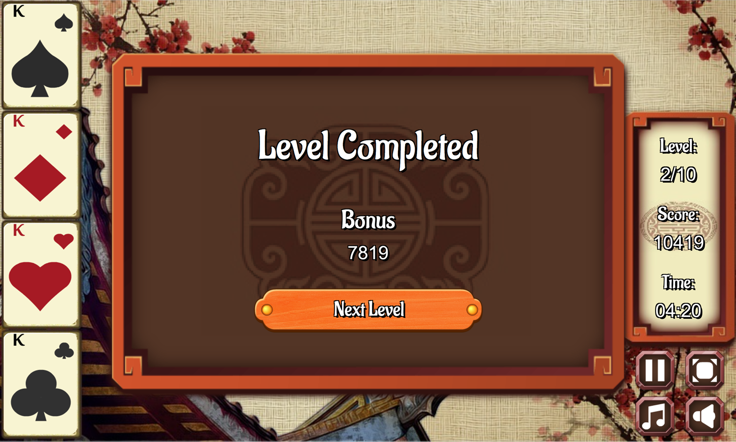 Chinese Solitaire Game Level Completed Screen Screenshot.