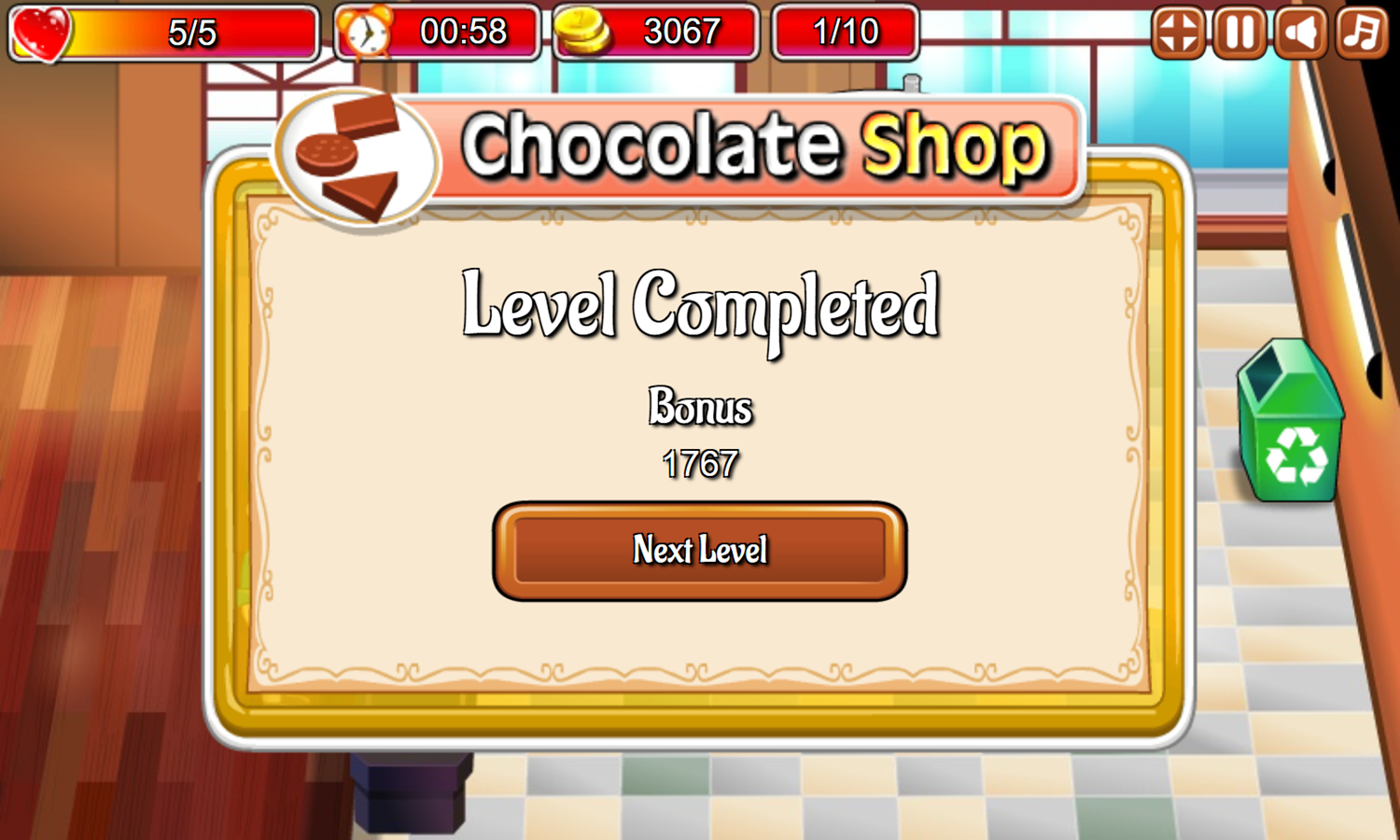 Chocolate Shop Game Level Completed Screenshot.