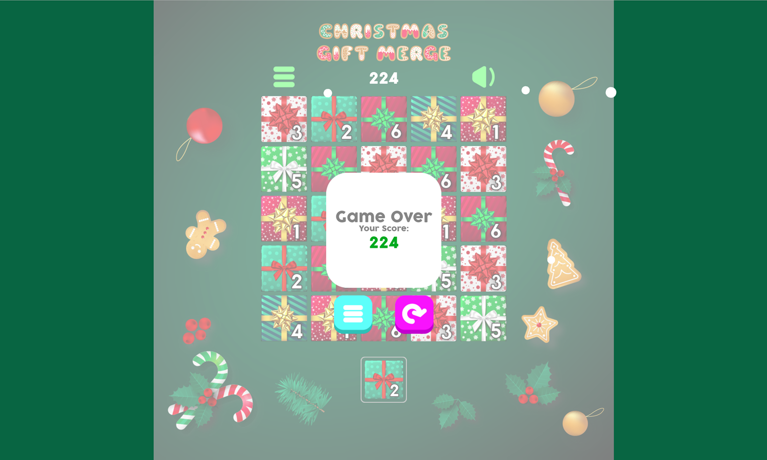 Christmas Gift Merge Game Over Screen Screenshot.
