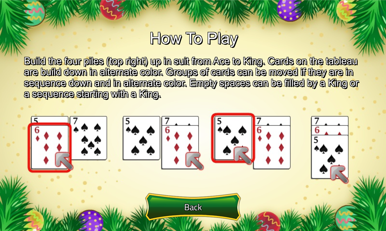 Christmas Solitaire Game How to Play Screen Screenshot.
