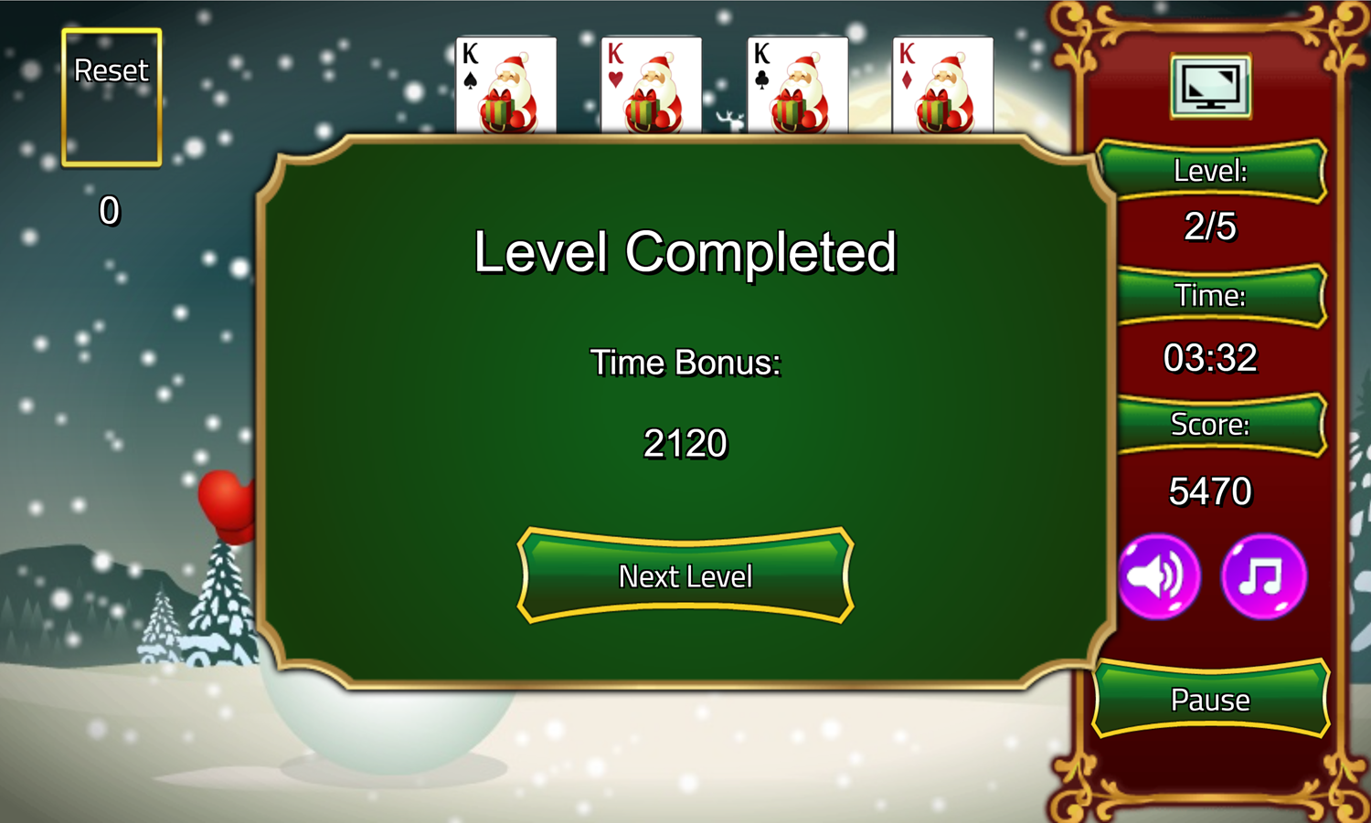Christmas Solitaire Game Level Completed Screen Screenshot.