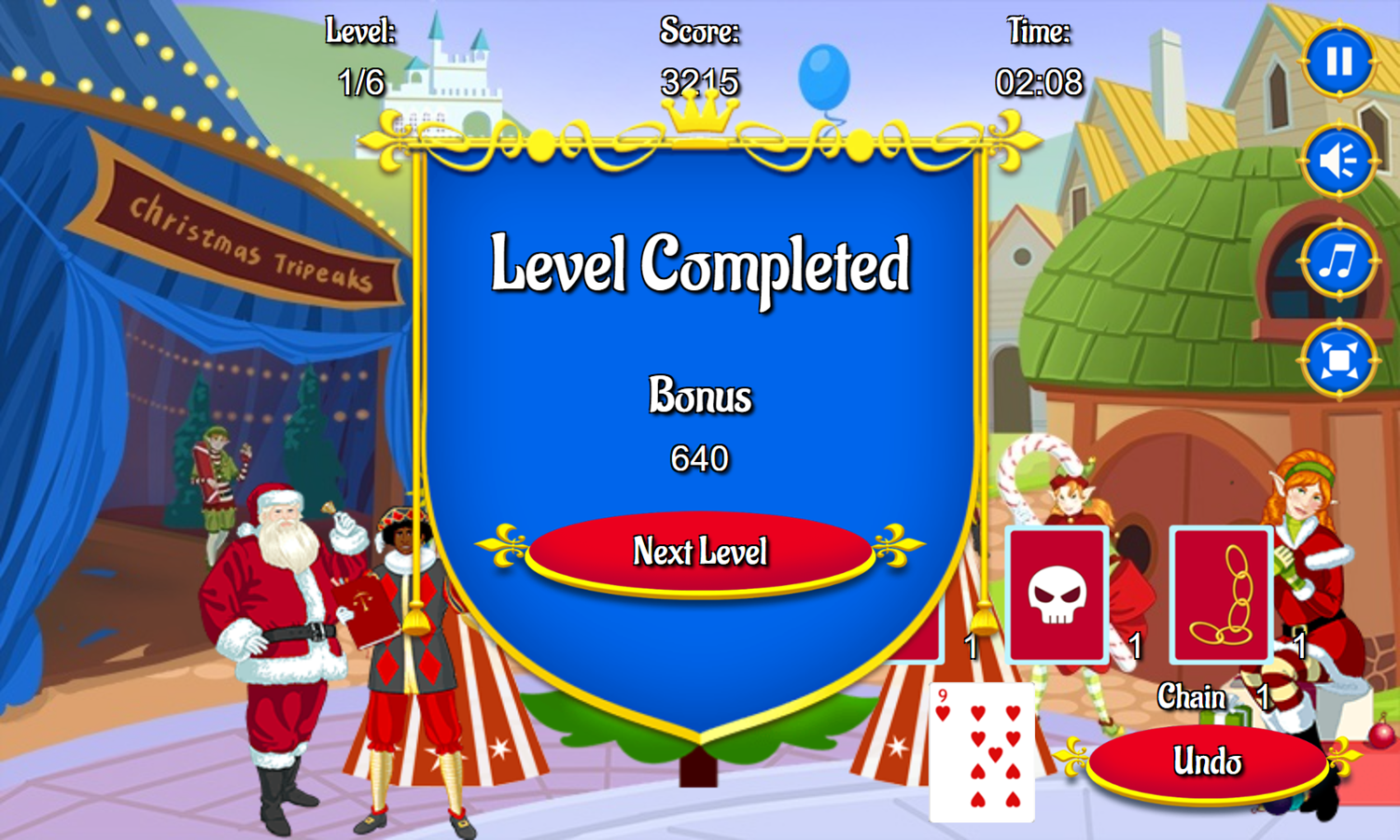 Christmas Tripeaks Game Level Completed Screenshot.