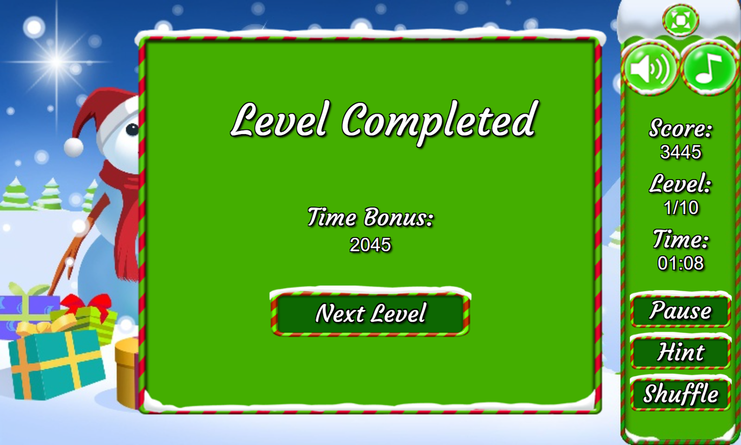 Christmas Triple Mahjong Game Level Completed Screenshot.