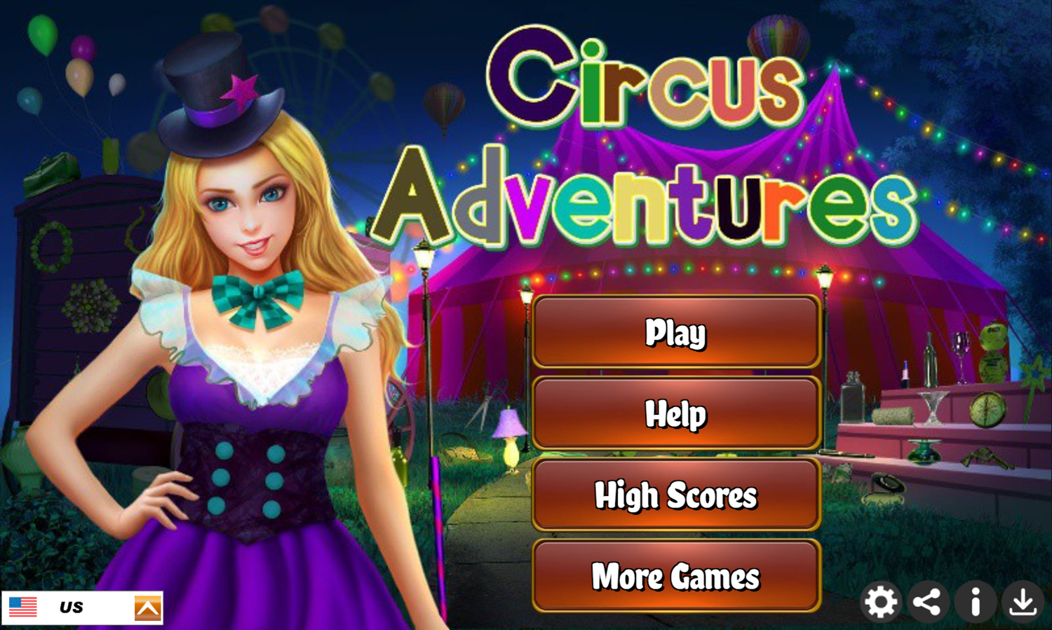 Circus Adventures Game Welcome Screen Screenshot.