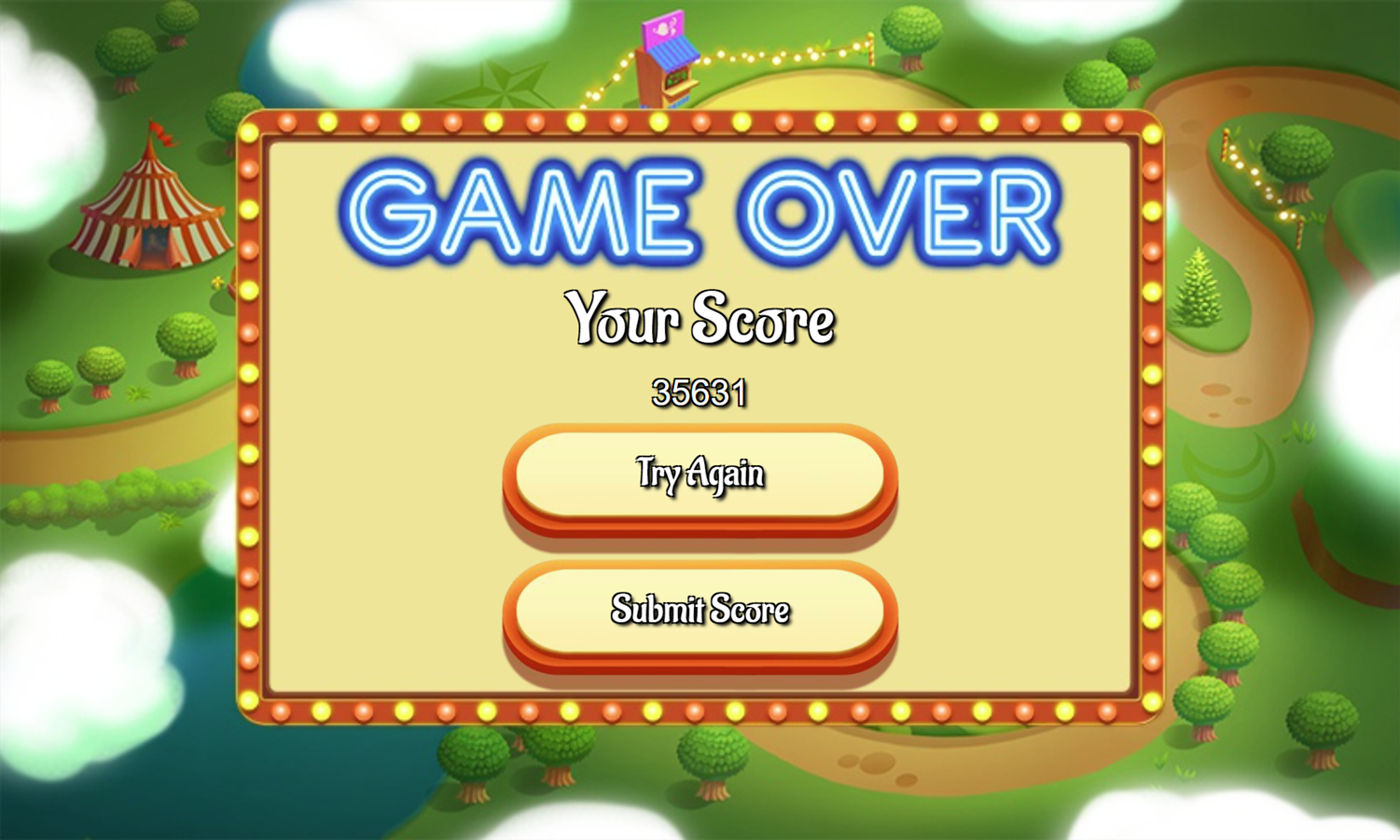 Circus Solitaire Game Over Screenshot.