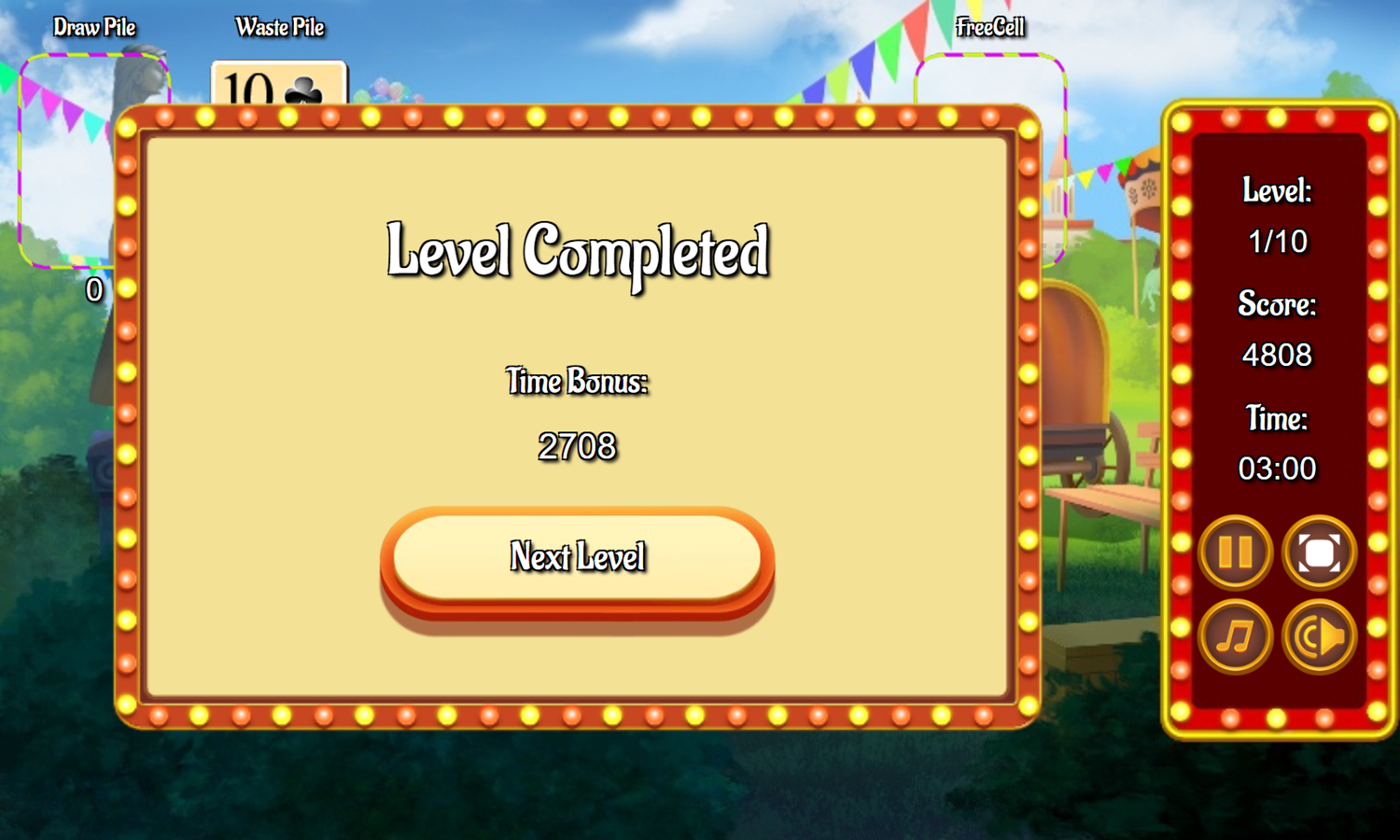 Circus Solitaire Game Level Completed Screenshot.
