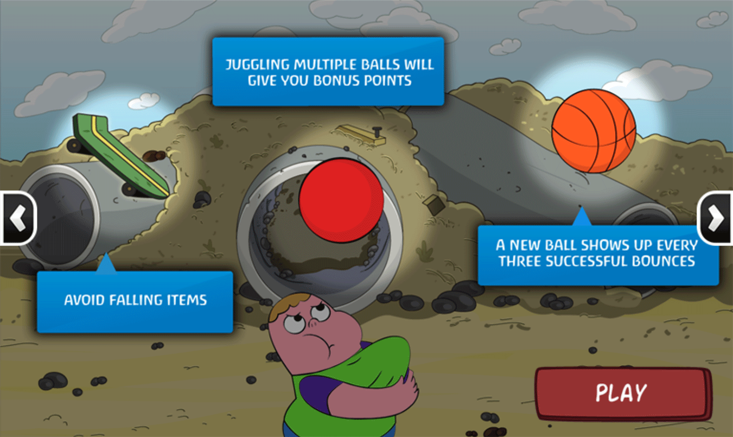 Clarence Arm Shirt Juggle Game Instructions Screenshot.