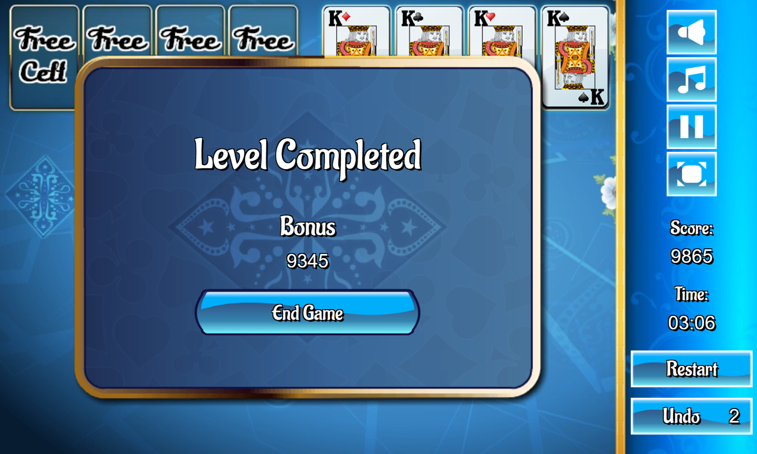 Classic Freecell Solitaire Game Completed Screenshot.