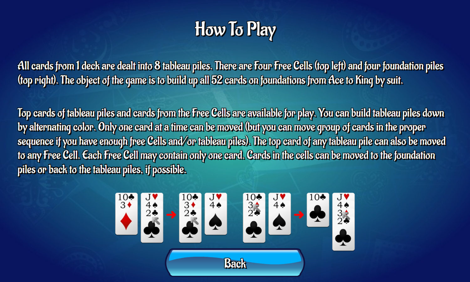 Classic Freecell Solitaire Game How To Play Screenshot.