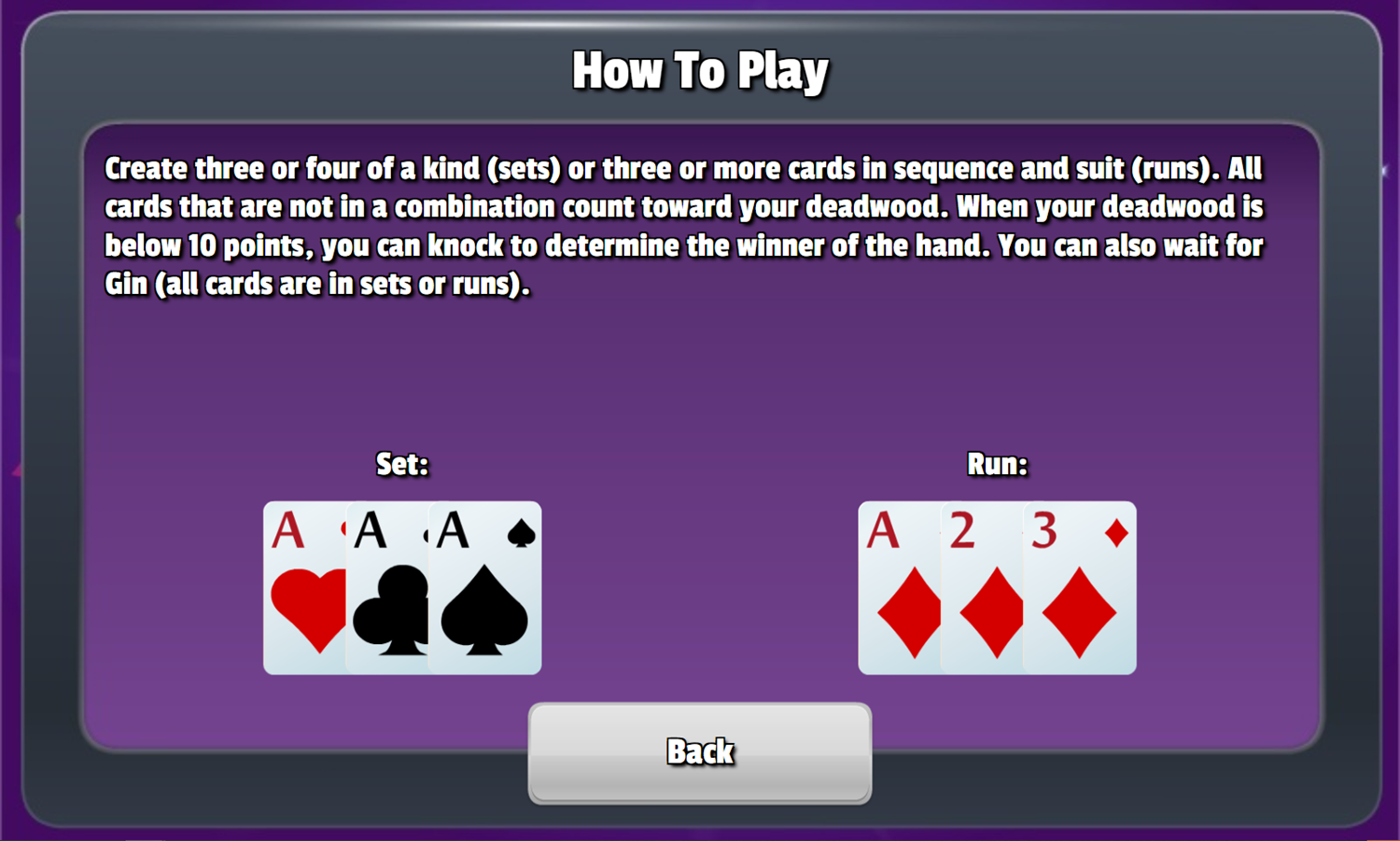 Classic Gin Rummy Game How To Play Screenshot.