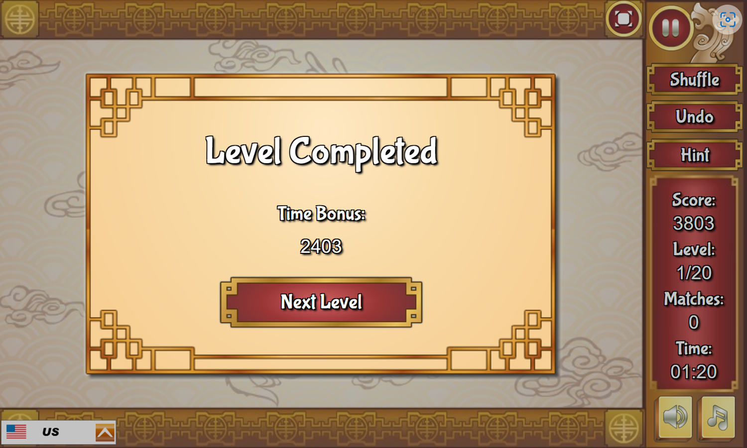 Classic Mahjongg Game Level Completed Screenshot.