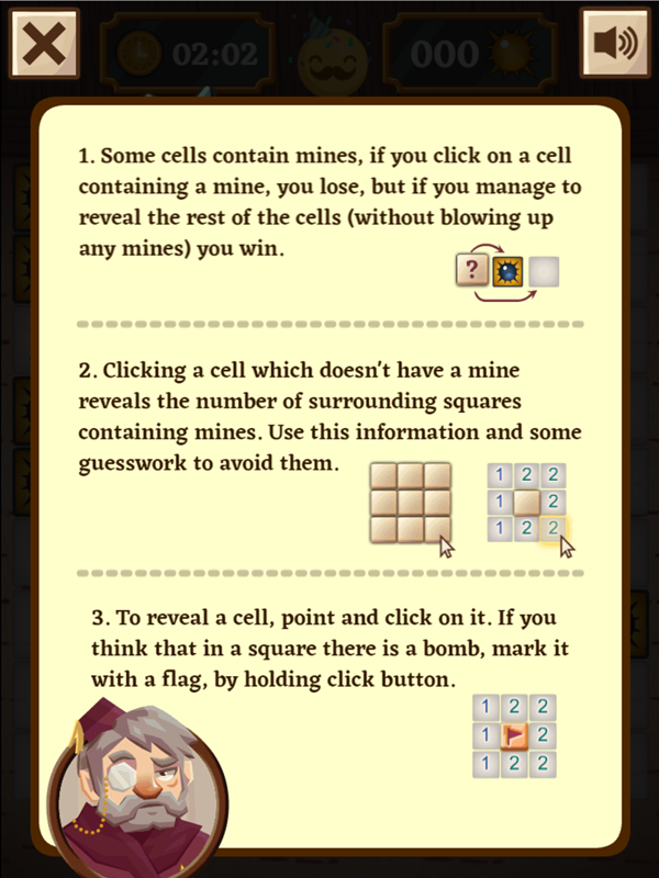 Classic Mine Sweeper Game Instructions Screenshot.