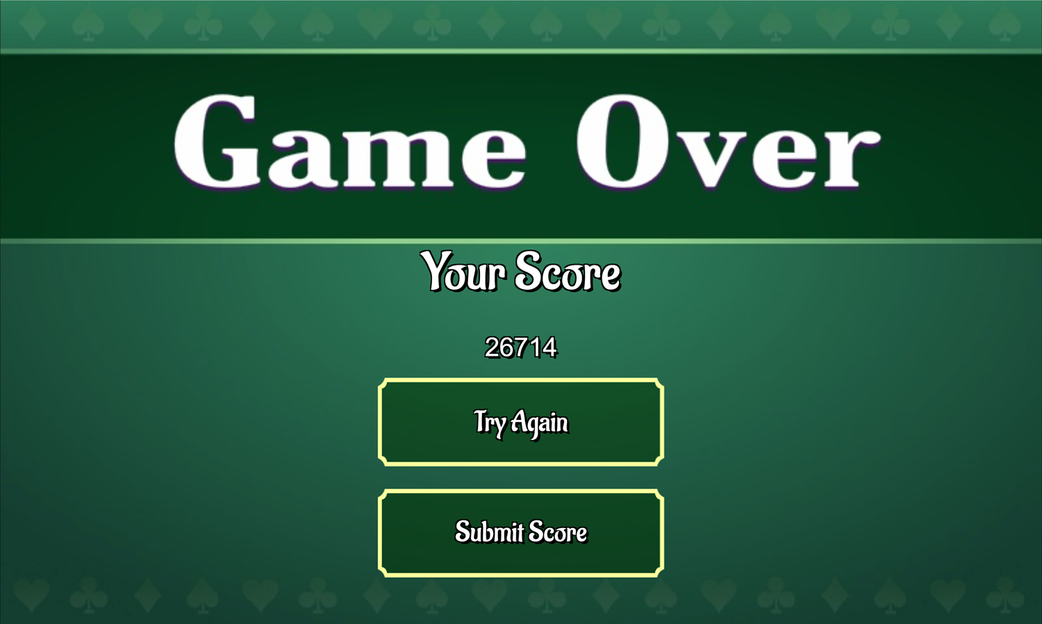 Classic Solitaire Game Over Screen Screenshot.