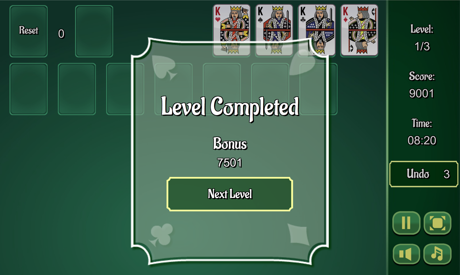 Classic Solitaire Game Level Completed Screen Screenshot.