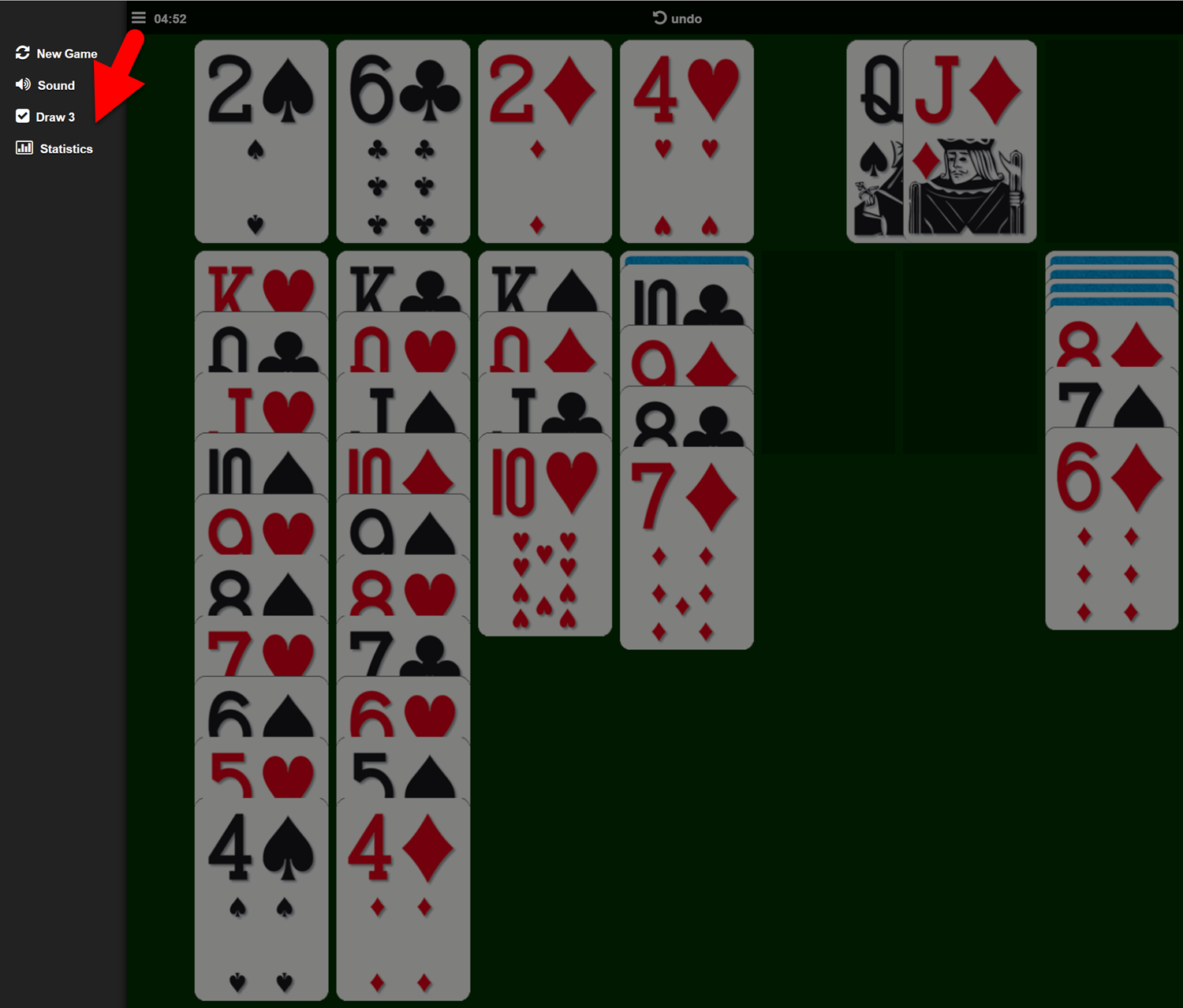 Classic Solitaire Turn 1 or Turn 3 Card Game Screenshot.