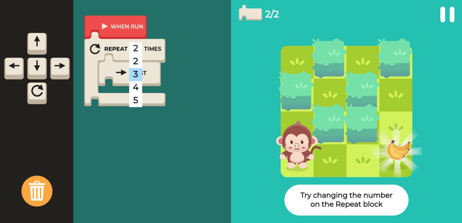 Code Monkey Game Change Repeat Block Tutorial Screen Screenshot.