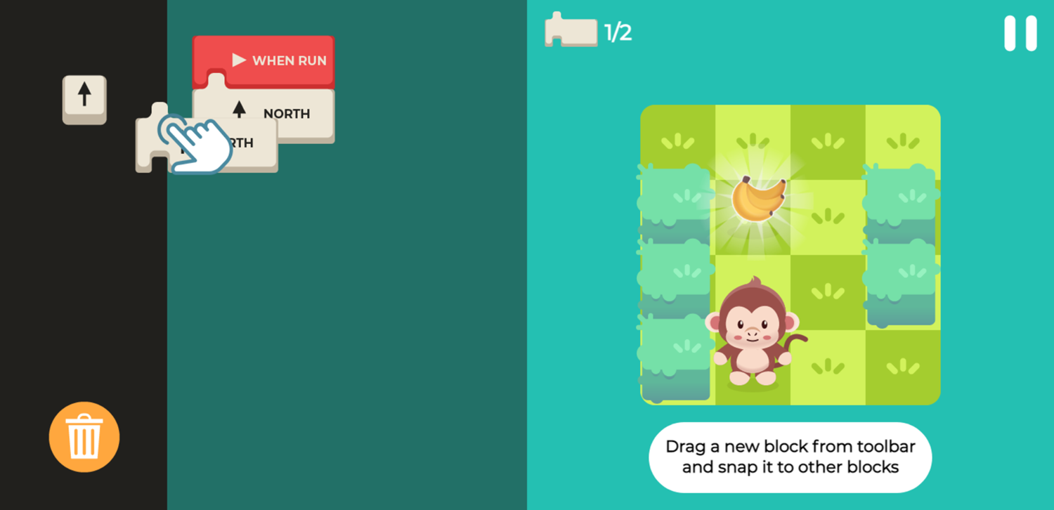 Code Monkey Game Drag Instruction Blocks Tutorial Screen Screenshot.