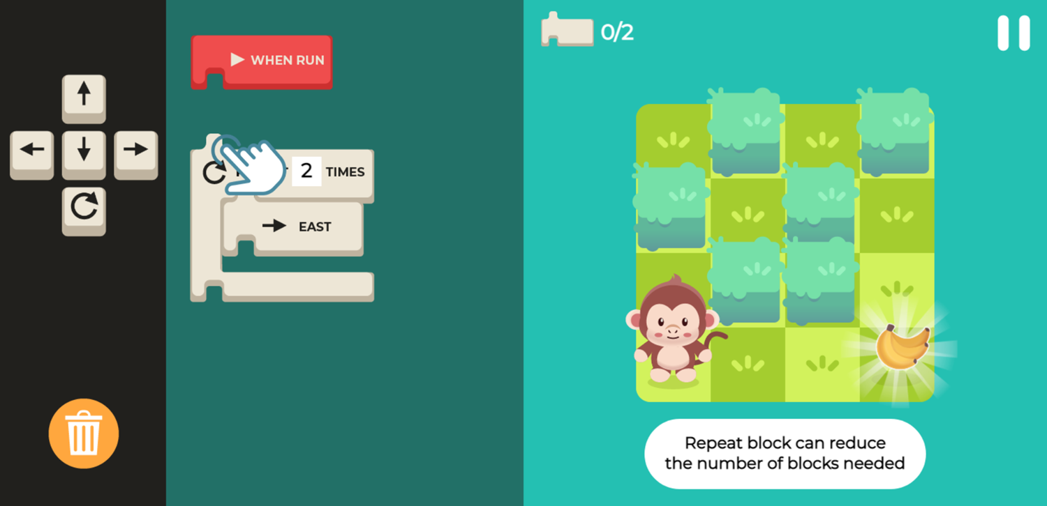 Code Monkey Game Repeat Blocks Tutorial Screen Screenshot.