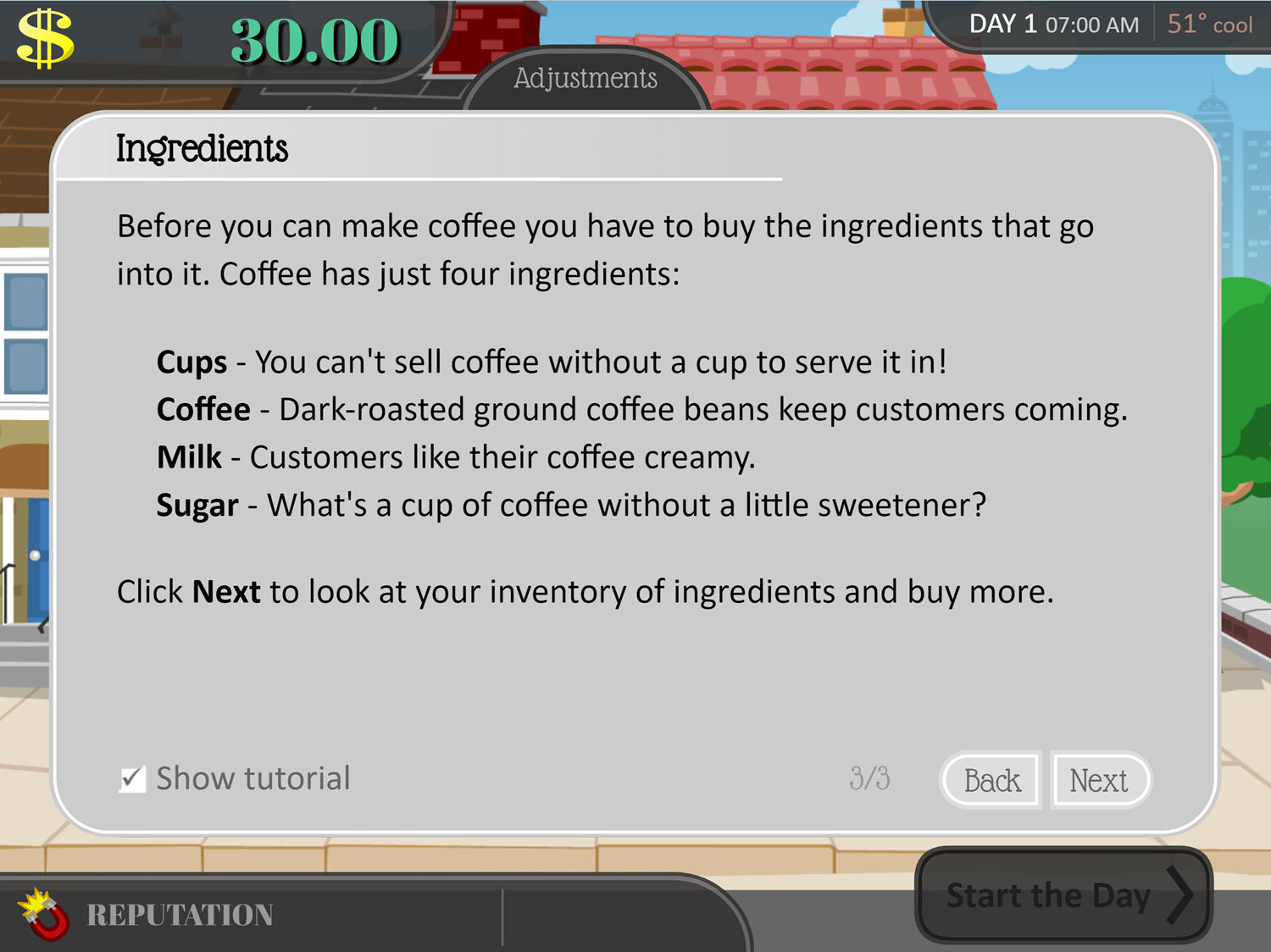 Coffee Shop Game Ingredients Info Screenshot.