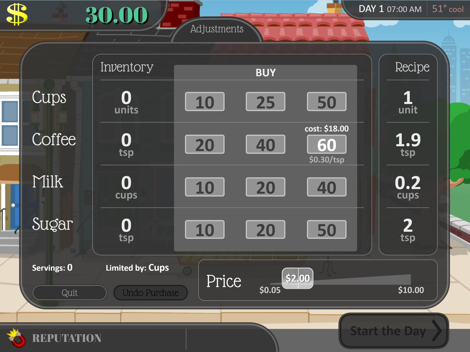 Coffee Shop Game Inventory Screen Screenshot.