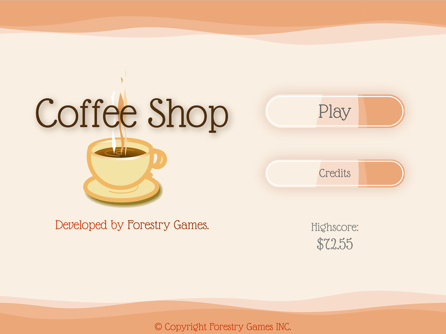 Coffee Shop Game Welcome Screen Screenshot.