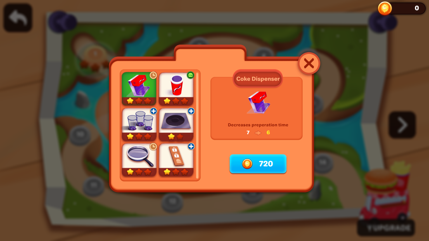 Cooking Fever Game Upgrades Screenshot.