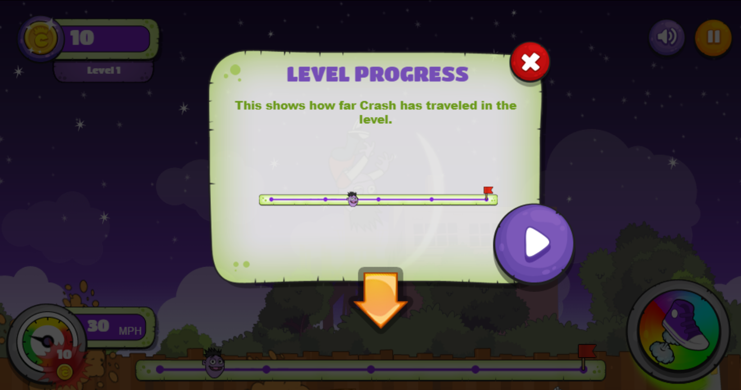 Crash & Bernstein Smash The Trash Game Level Progress Screenshot.