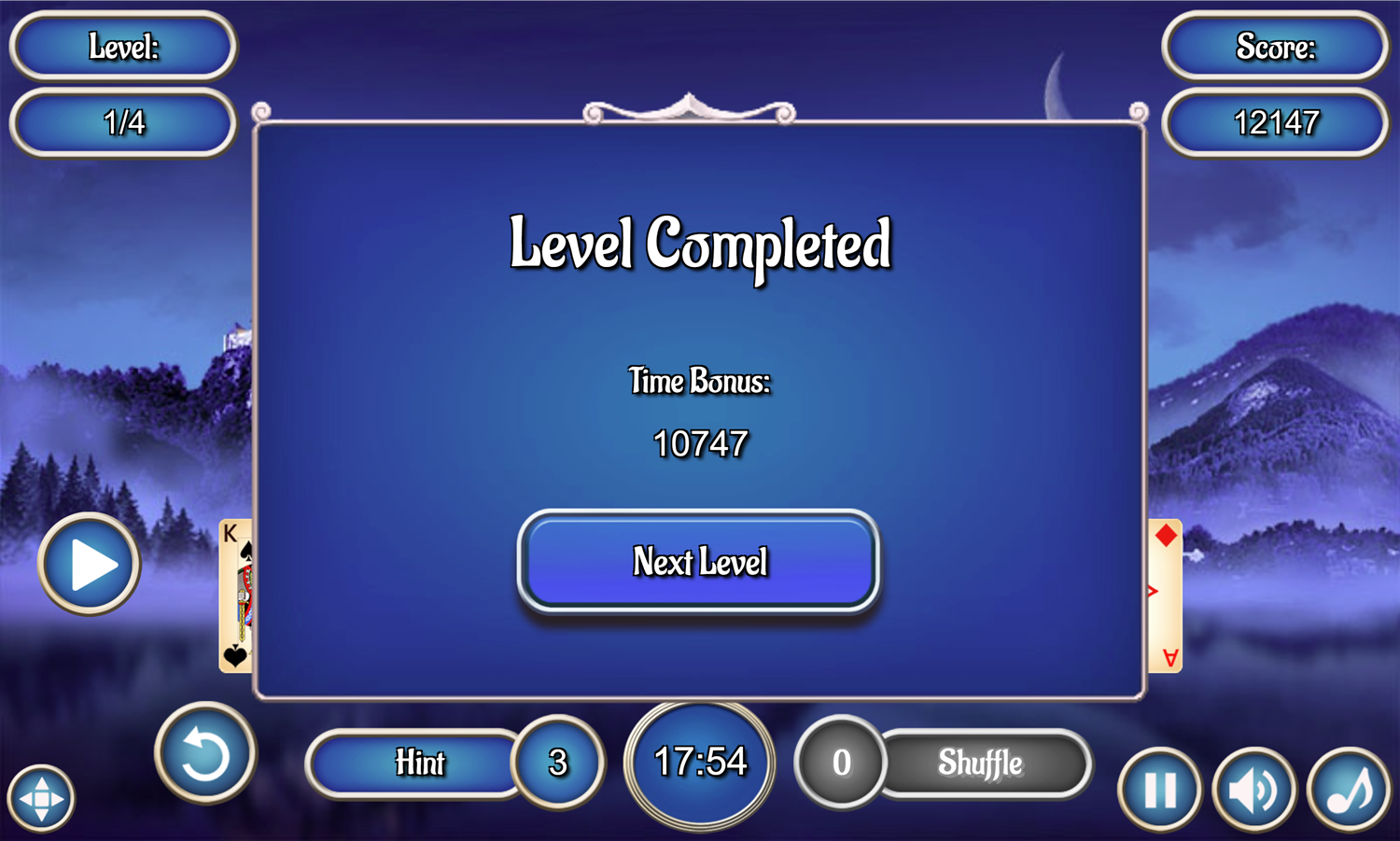 Crescent Solitaire Game Level Completed Screen Screenshot.