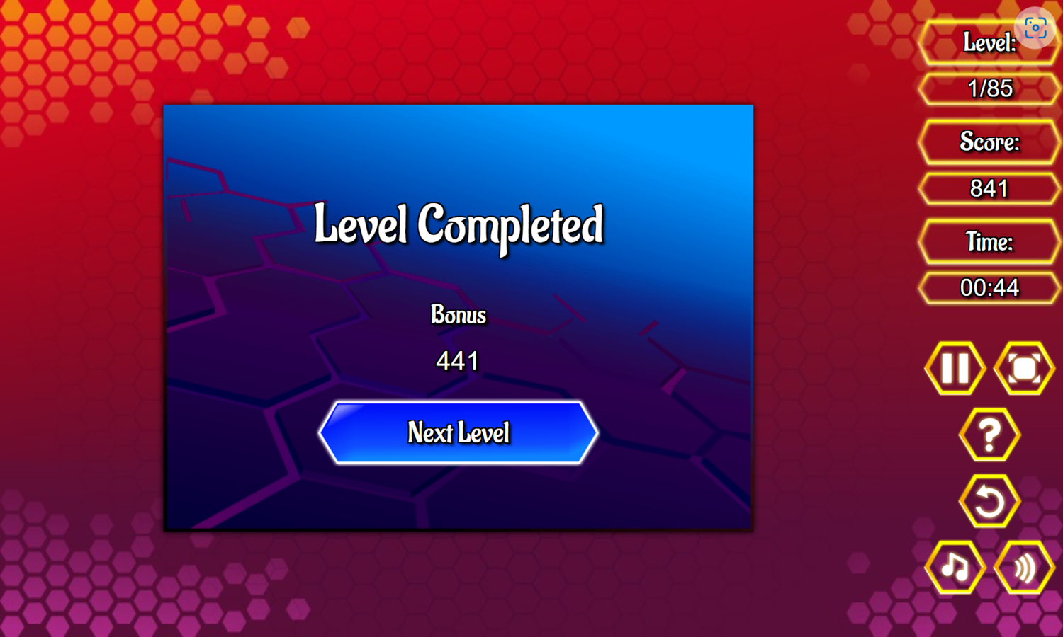 Crystal Hexajong Game Level Completed Screenshot.