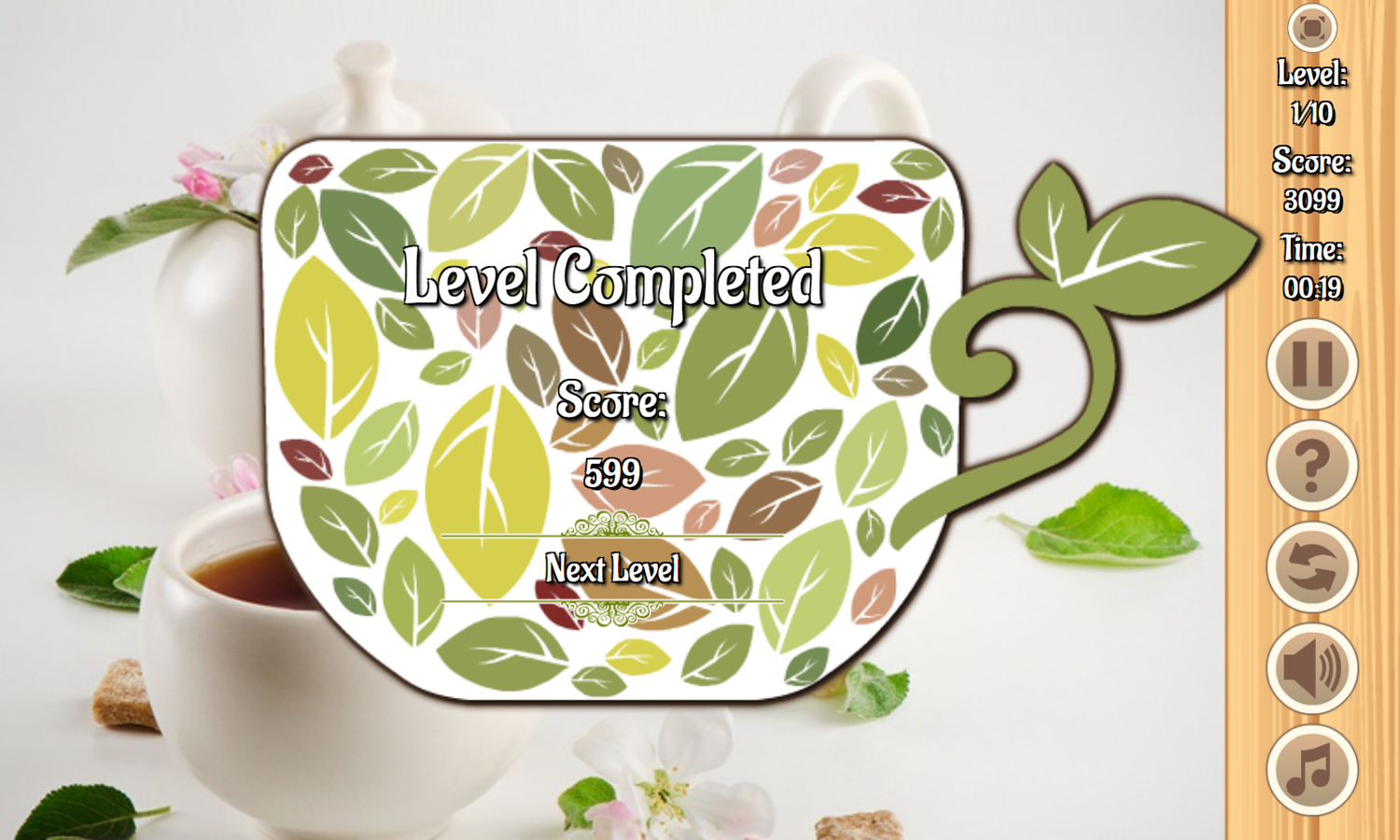 Cup of Tea Mahjong Game Level Complete Screenshot.