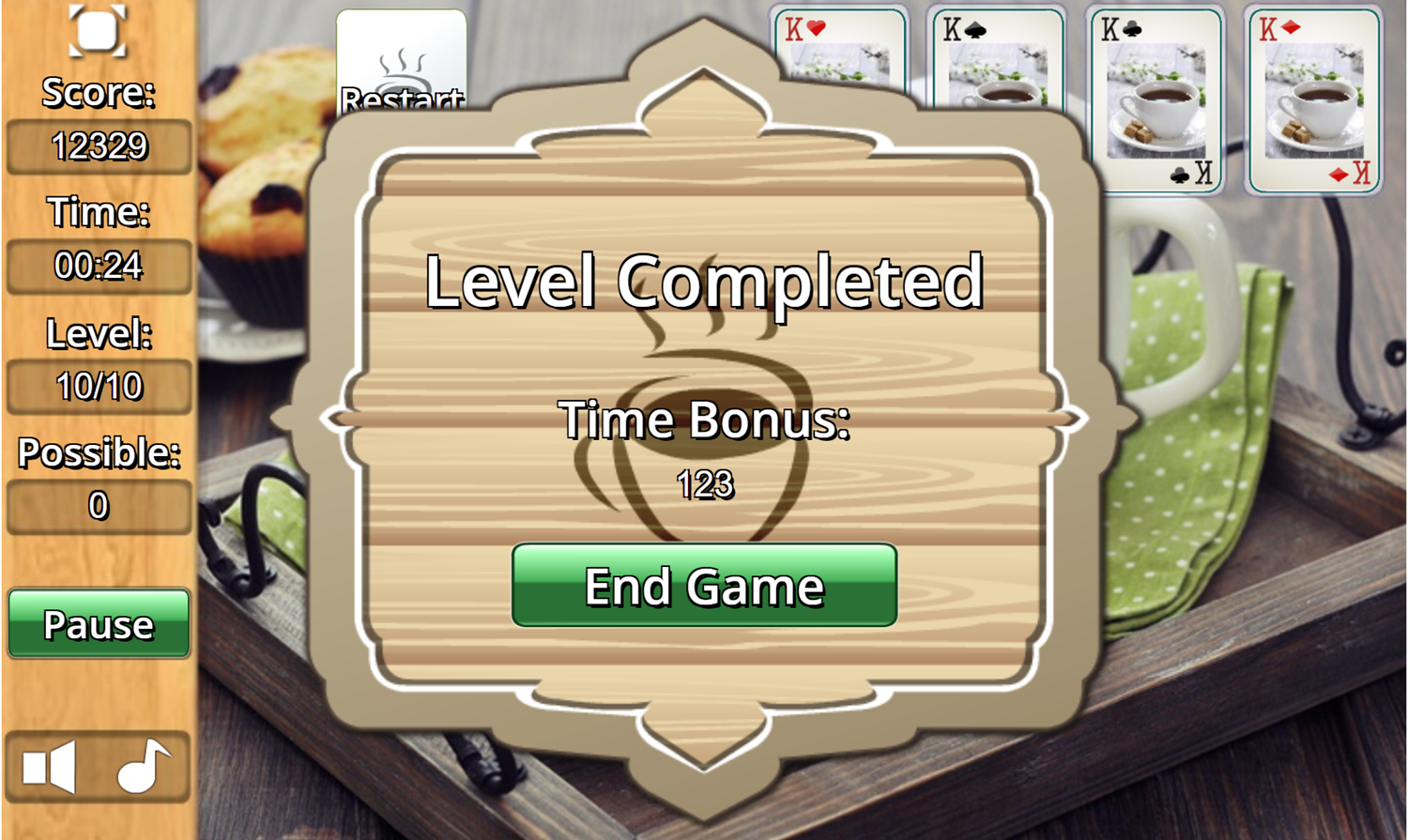 Cup of Tea Solitaire Game Level Completed Screenshot.