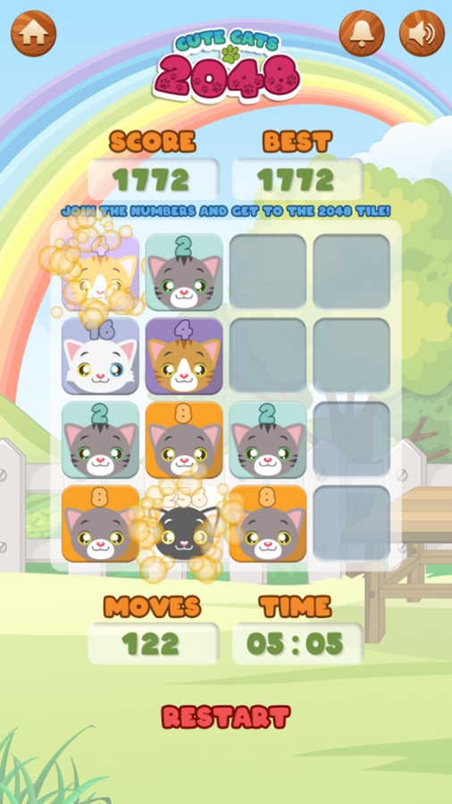 Cute Cats 2048 Game Gain Points Screenshot.