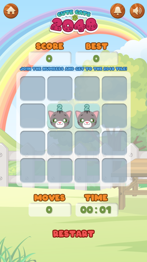 Cute Cats 2048 Game Start Screenshot.