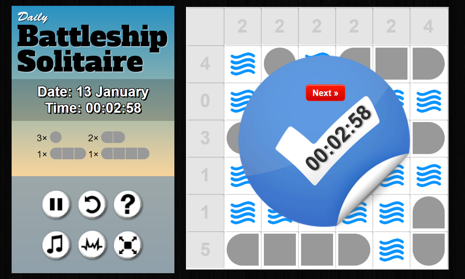 Daily Battleship Solitaire Game Complete Screenshot.