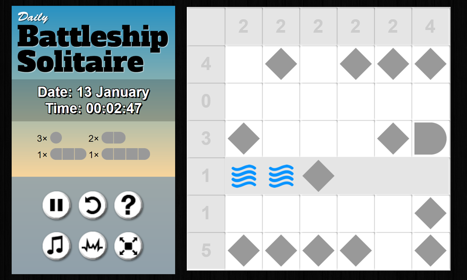 Daily Battleship Solitaire Game Place Ships Screenshot.