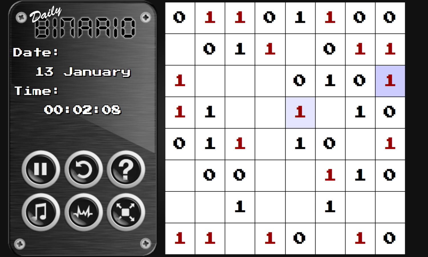 Daily Binario Game Solving Puzzle Screenshot.