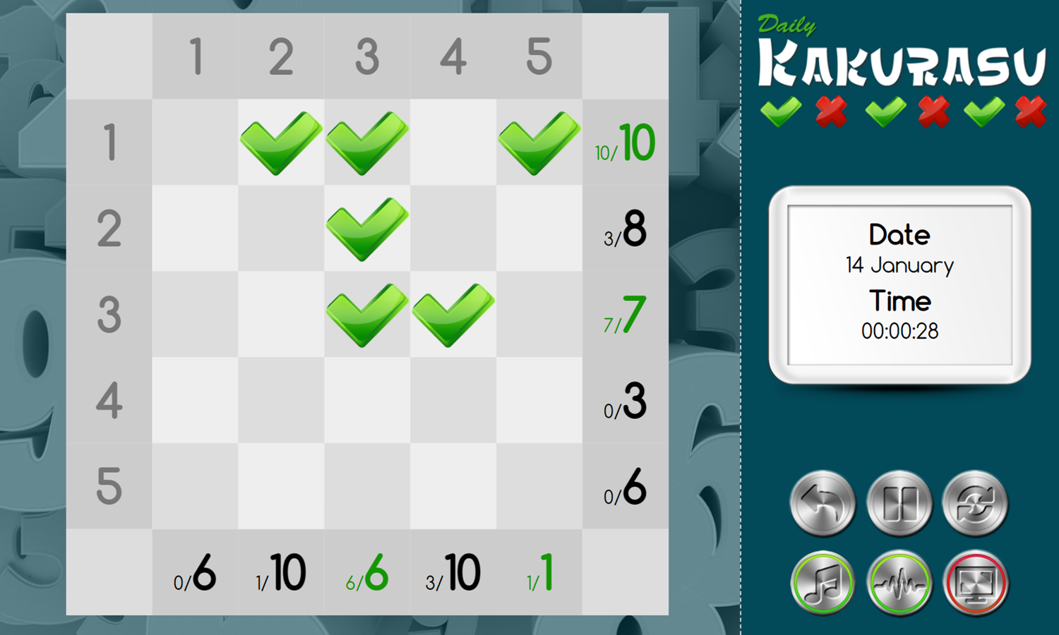 Daily Kakurasu Game Solving Puzzle Screenshot.