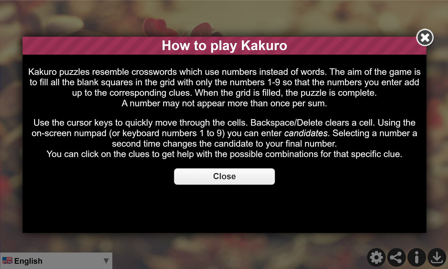 Daily Kakuro Game How to Play Screen Screenshot.