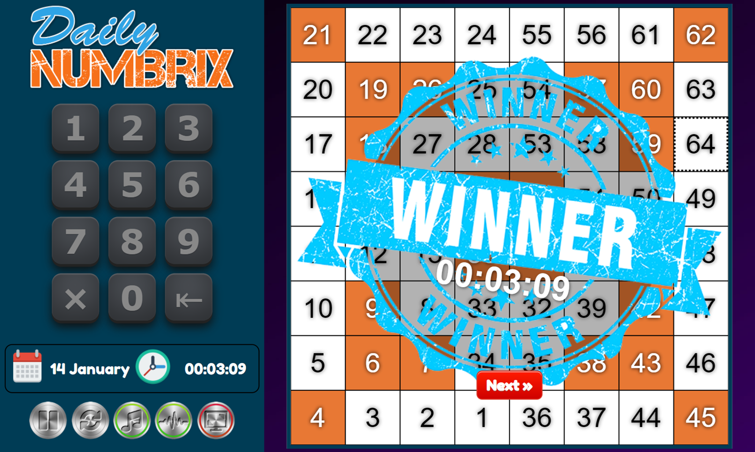 Daily Numbrix Game Complete Screenshot.