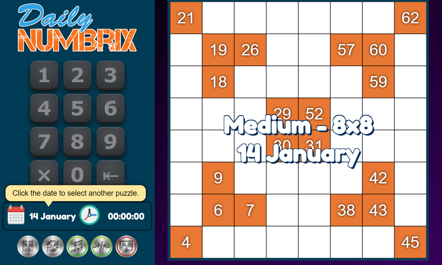Daily Numbrix Game Start Screenshot.