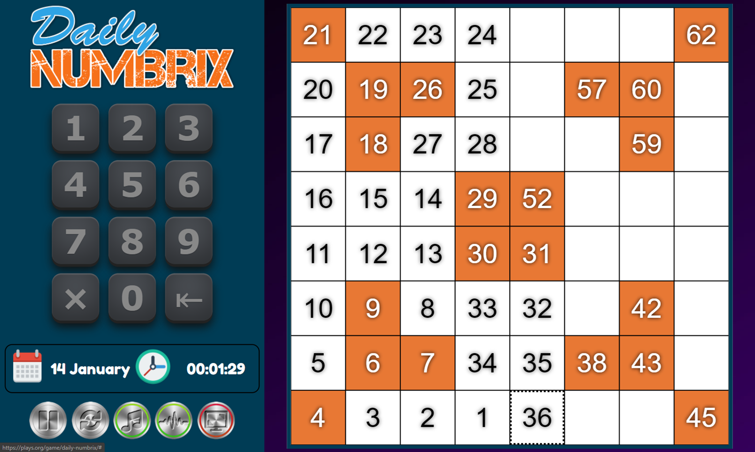Daily Numbrix Game Solving Puzzle Screenshot.