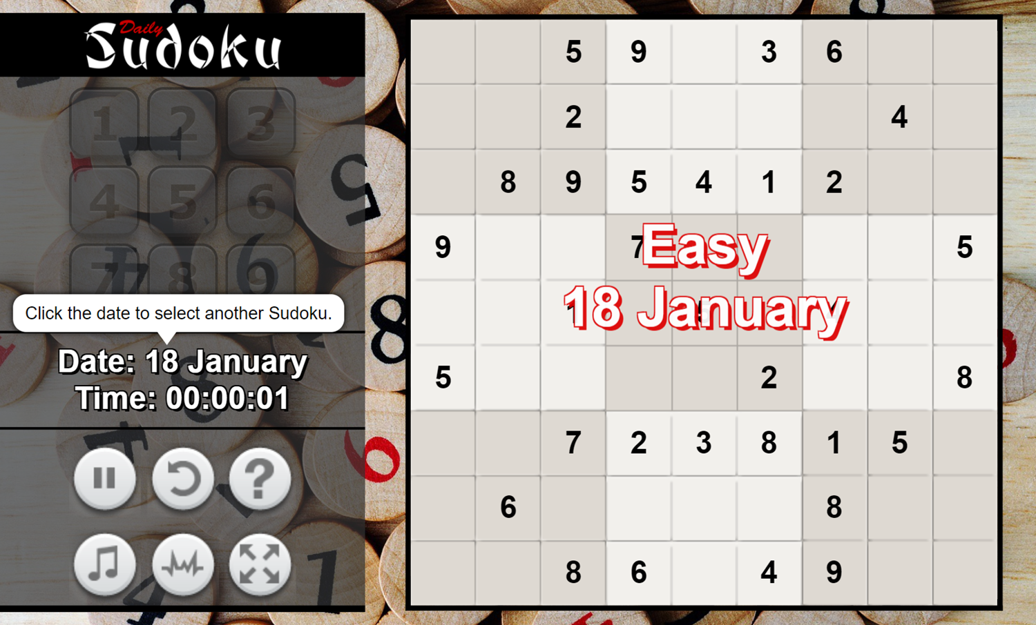 Daily Sudoku Game Puzzle Start Screenshot.