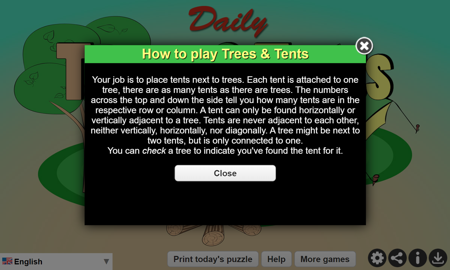 Daily Trees and Tents Game How To Play Screenshot.