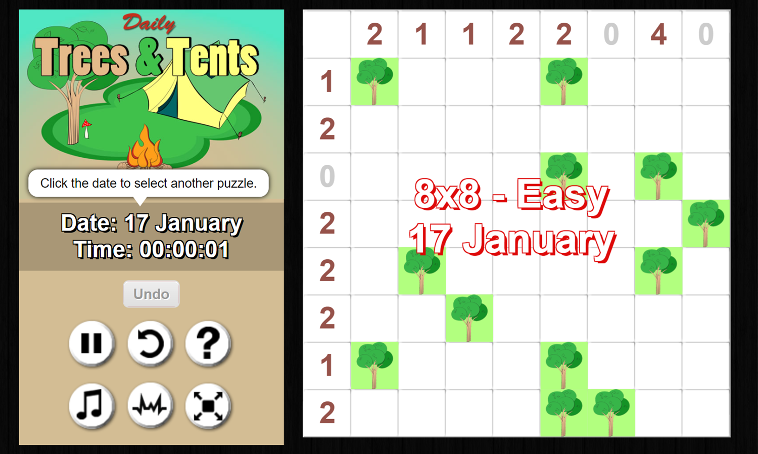 Daily Trees and Tents Game Puzzle Start Screenshot.