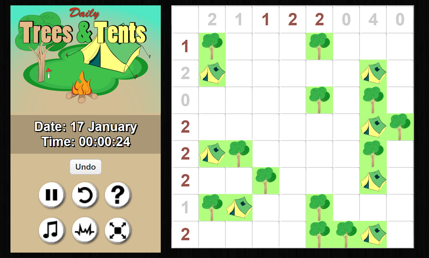 Daily Trees and Tents Game Solving Puzzle Screenshot.